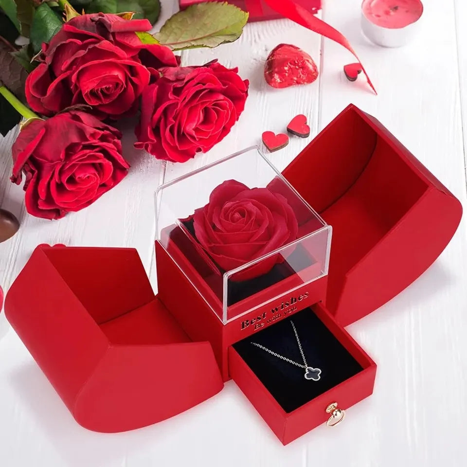 CAJA DE ROSA ETERNA AROMATICA CERRADA CON LAZO PARA JOYERIA
